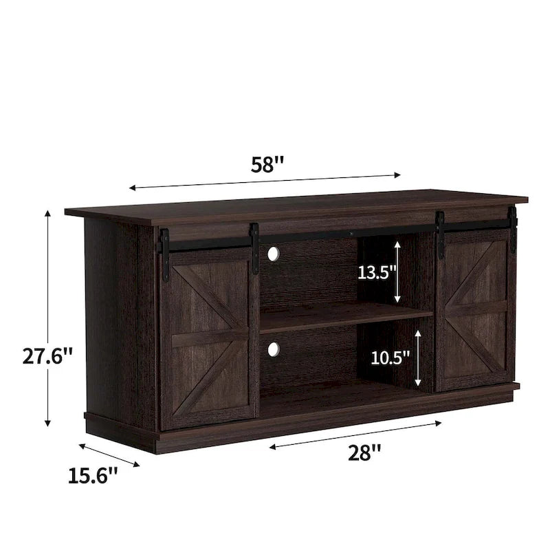 Meuble TV 2 étagères pour téléviseurs de 43 à 65 pouces. Style de vie simple et moderne du milieu du siècle, porte de grange de ferme - facile à ranger.