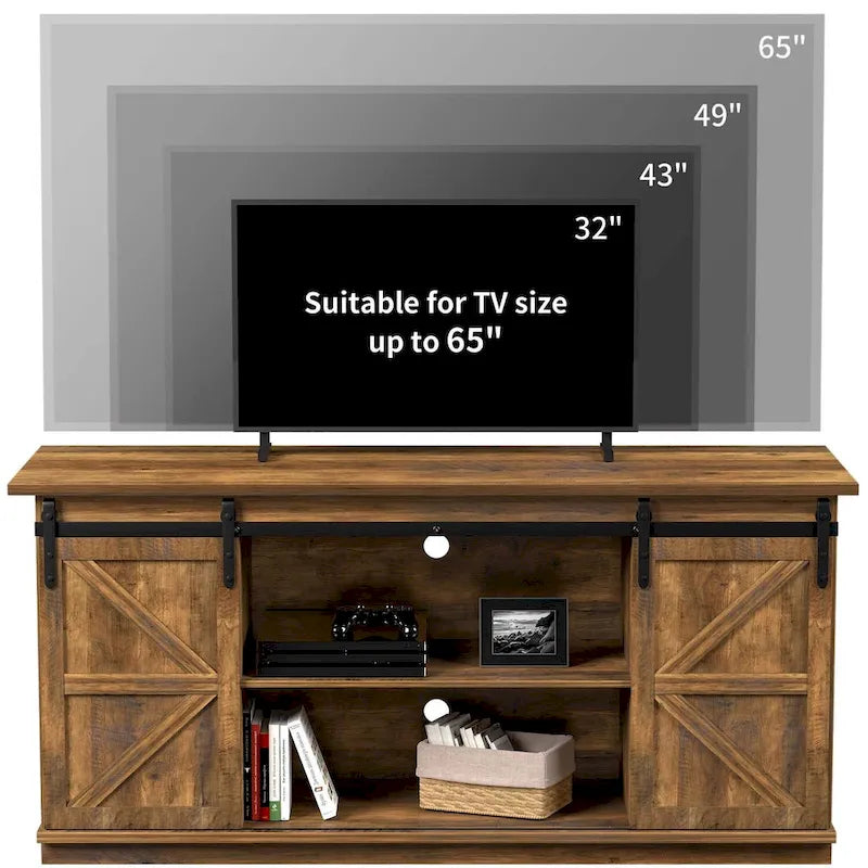 Meuble TV 2 étagères pour téléviseurs de 43 à 65 pouces. Style de vie simple et moderne du milieu du siècle, porte de grange de ferme - facile à ranger.