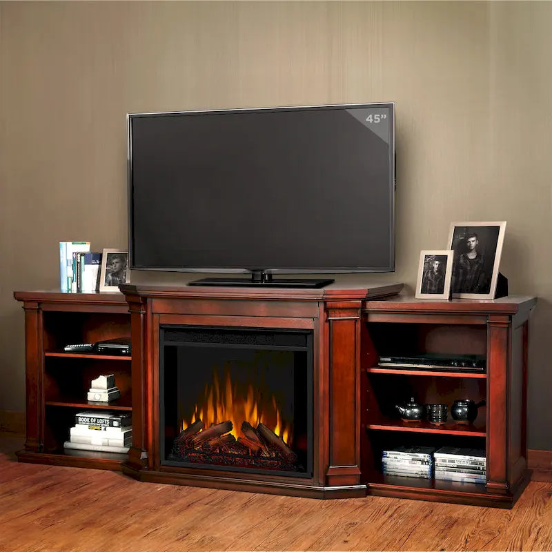 Meuble TV Valmont 74.25 avec foyer électrique, en acajou foncé, par Real Flame - 75,5 L x 21,5 P x 27,7 H
