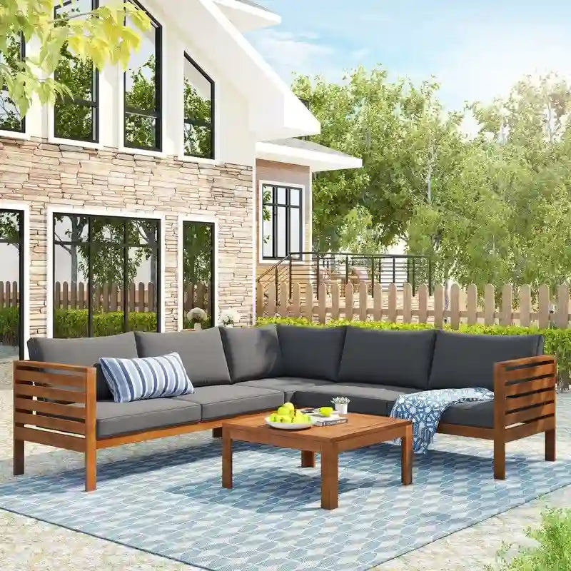 Ensemble de mobilier de jardin 4 pièces en bois d'acacia avec canapé sectionnel