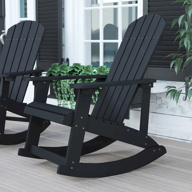 Fauteuil à bascule Adirondack en polyrésine d'aspect bois, résistant aux intempéries