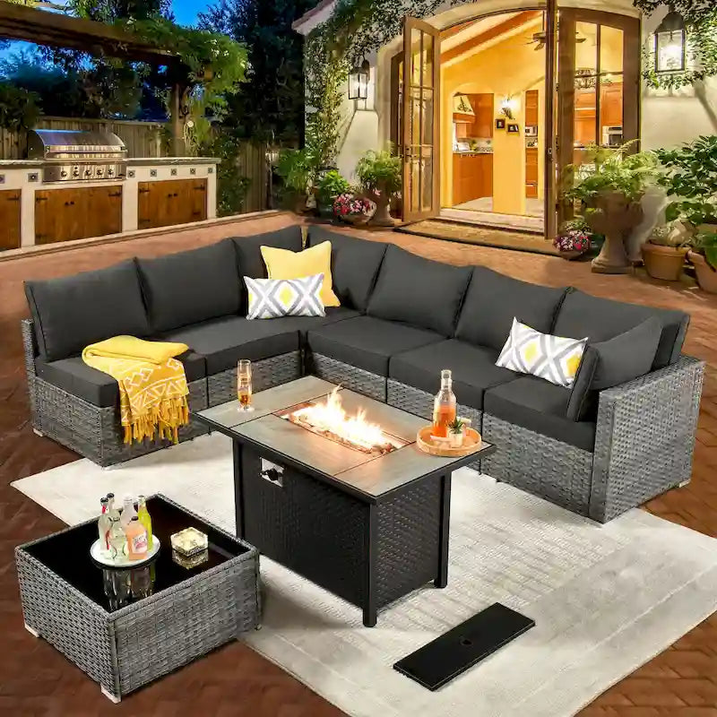 HOOOWOOO Ensemble de Meubles de Jardin en Rotin Gris 8 Pièces Canapé Modulable avec Table Foyer
