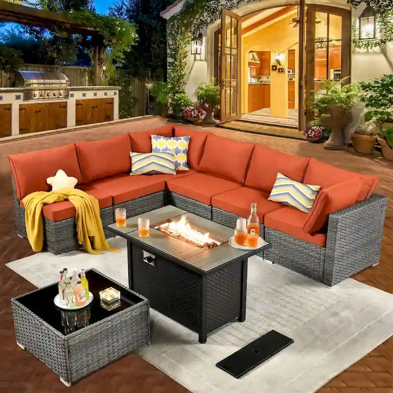 HOOOWOOO Ensemble de Meubles de Jardin en Rotin Gris 8 Pièces Canapé Modulable avec Table Foyer