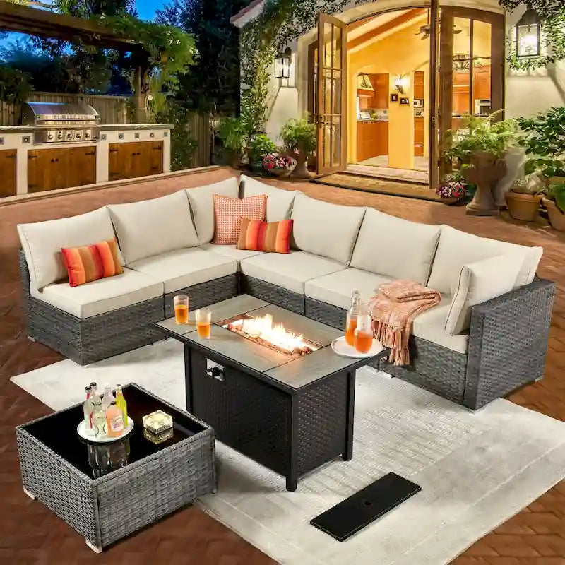 HOOOWOOO Ensemble de Meubles de Jardin en Rotin Gris 8 Pièces Canapé Modulable avec Table Foyer