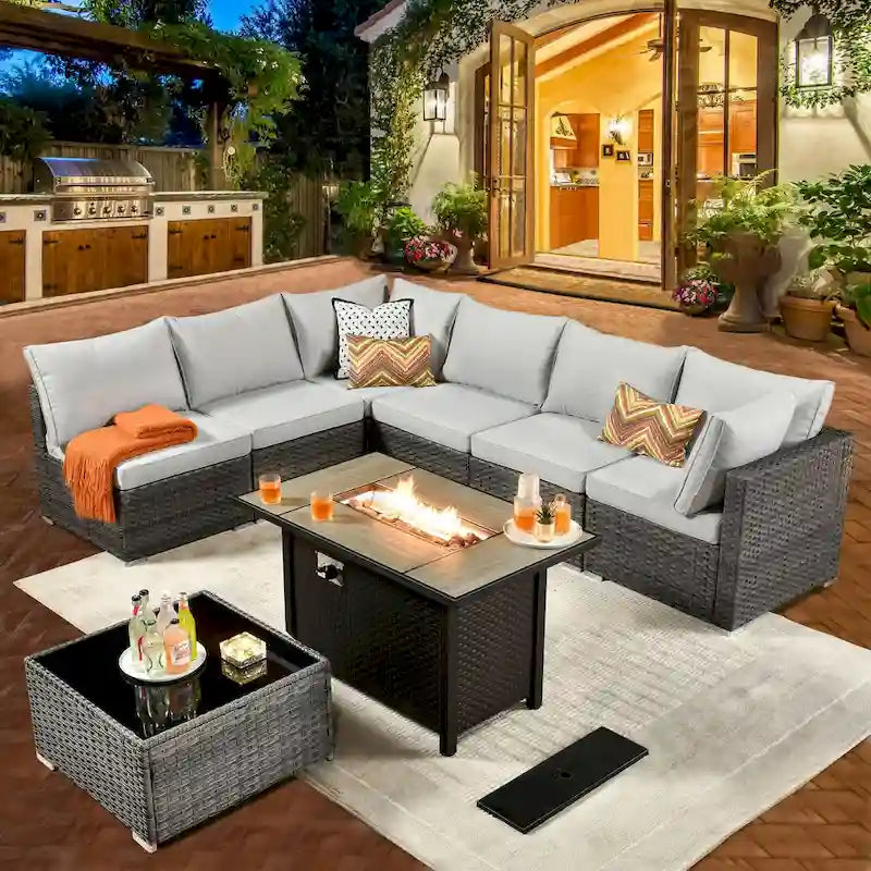 HOOOWOOO Ensemble de Meubles de Jardin en Rotin Gris 8 Pièces Canapé Modulable avec Table Foyer