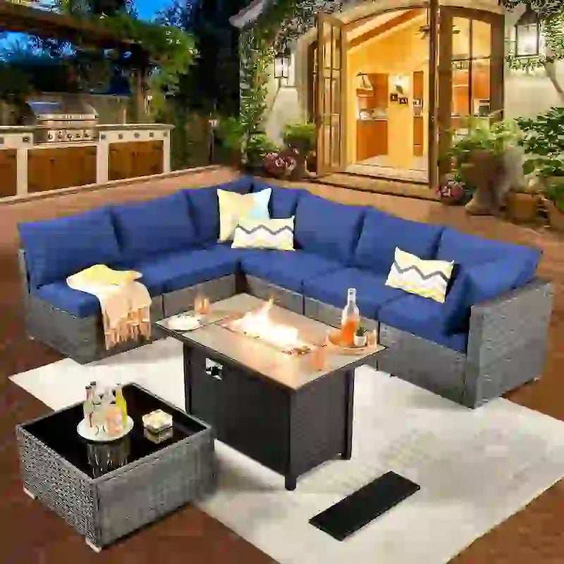 HOOOWOOO Ensemble de Meubles de Jardin en Rotin Gris 8 Pièces Canapé Modulable avec Table Foyer