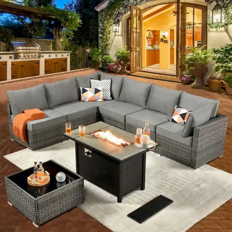 HOOOWOOO Ensemble de Meubles de Jardin en Rotin Gris 8 Pièces Canapé Modulable avec Table Foyer