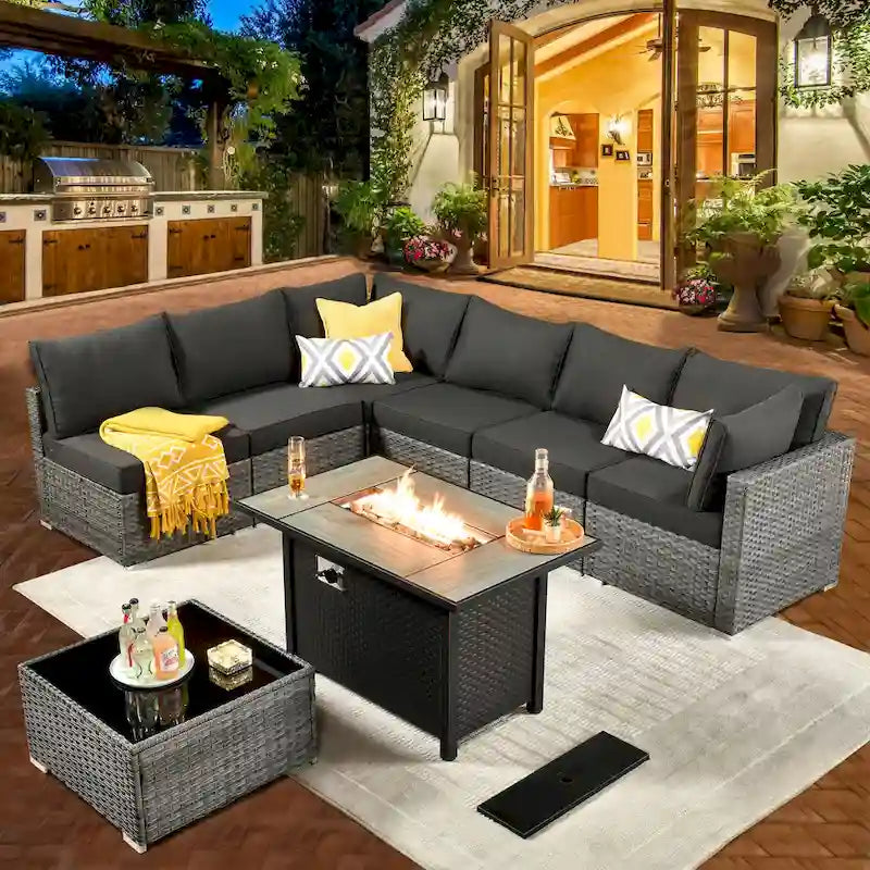 HOOOWOOO Ensemble de Meubles de Jardin en Rotin Gris 8 Pièces Canapé Modulable avec Table Foyer