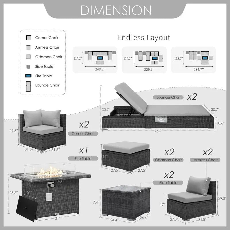 Ensemble de meubles de patio 11 pièces FINCATI, canapé sectionnel d'extérieur avec table brasero