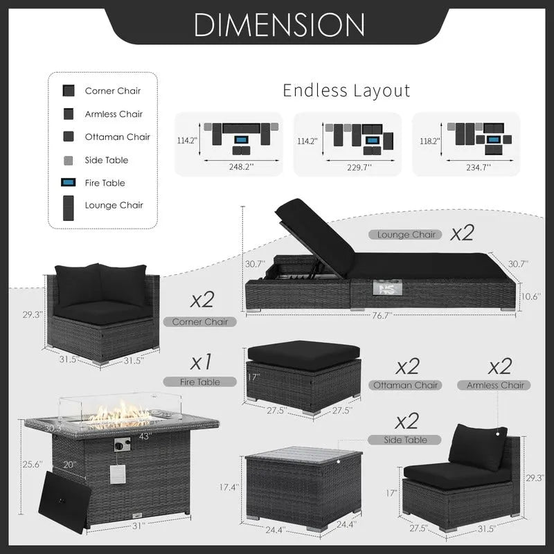 Ensemble de meubles de patio 11 pièces FINCATI, canapé sectionnel d'extérieur avec table brasero