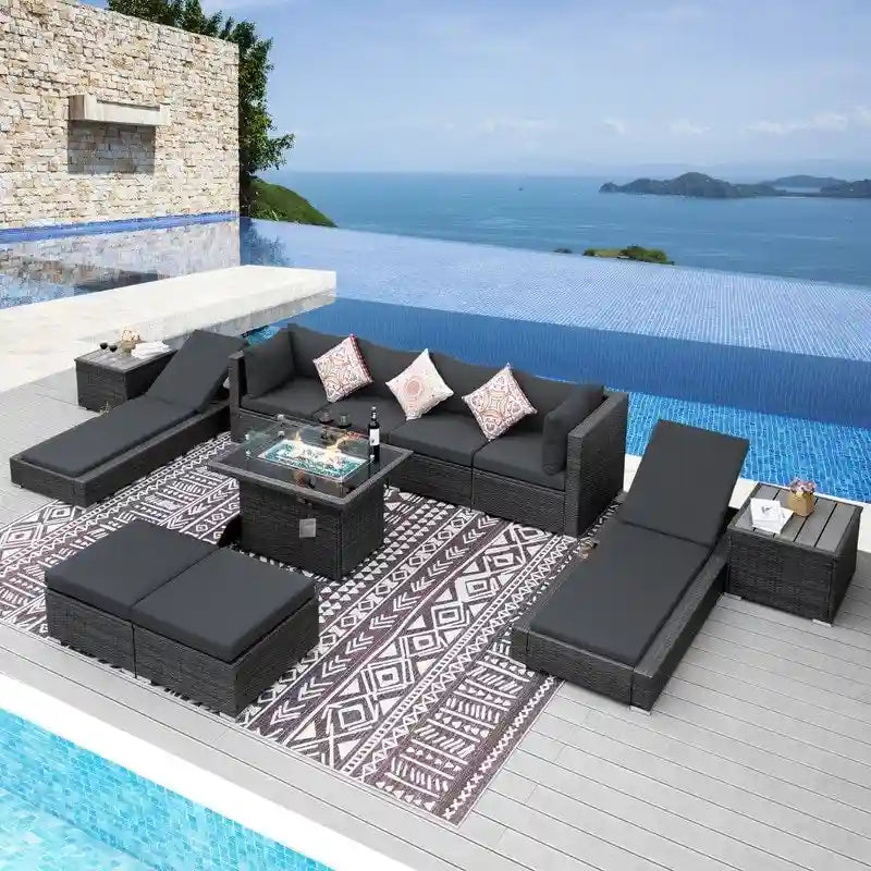 Ensemble de meubles de patio 11 pièces FINCATI, canapé sectionnel d'extérieur avec table brasero