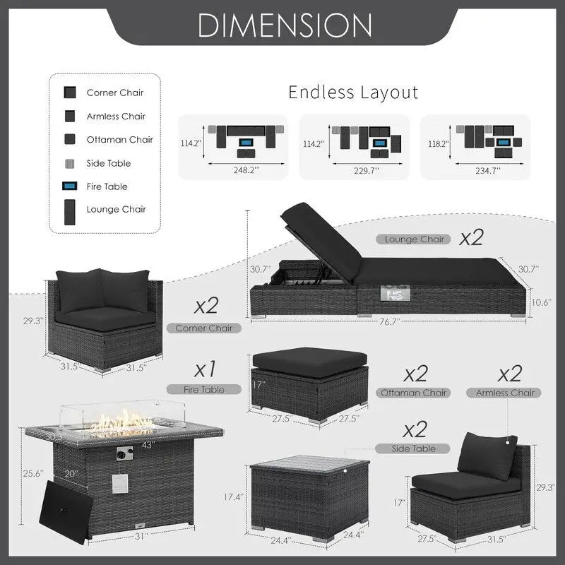 Ensemble de meubles de patio 11 pièces FINCATI, canapé sectionnel d'extérieur avec table brasero
