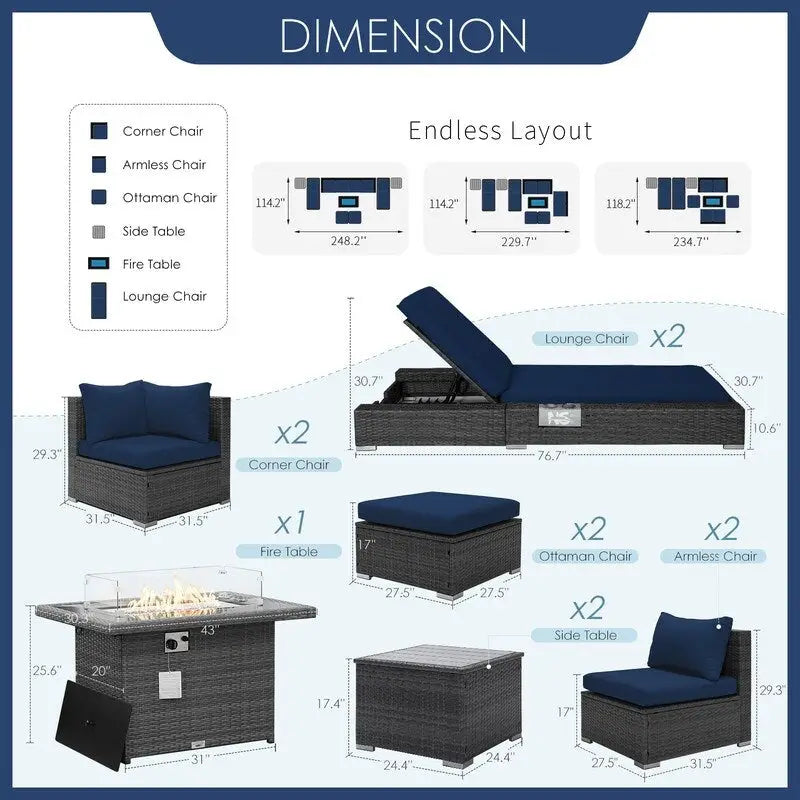 Ensemble de meubles de patio 11 pièces FINCATI, canapé sectionnel d'extérieur avec table brasero