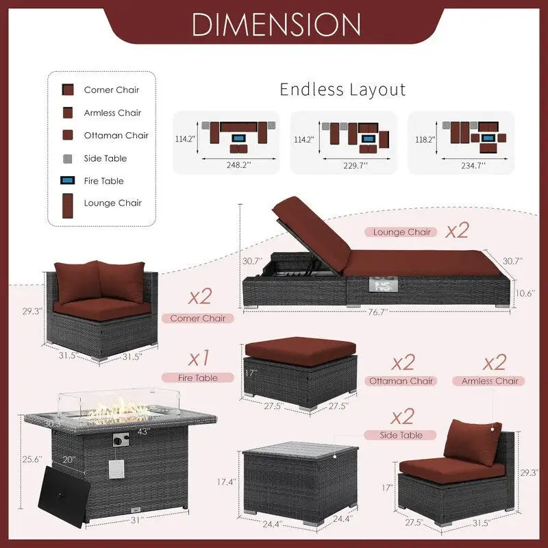 Ensemble de meubles de patio 11 pièces FINCATI, canapé sectionnel d'extérieur avec table brasero