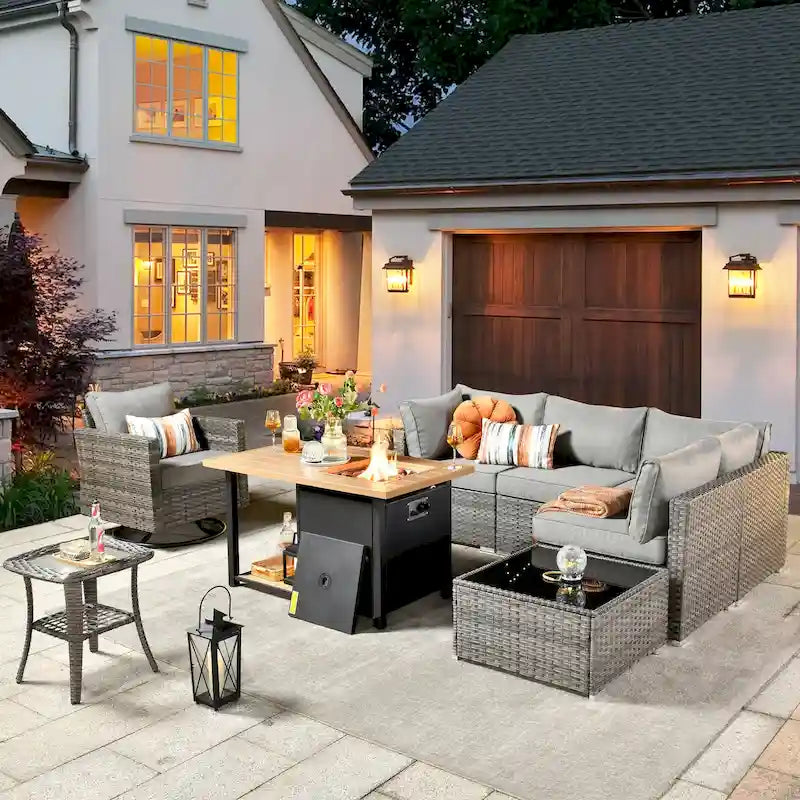 XIZZI Salon de jardin d'extérieur sectionnel 8 pièces avec table brasero