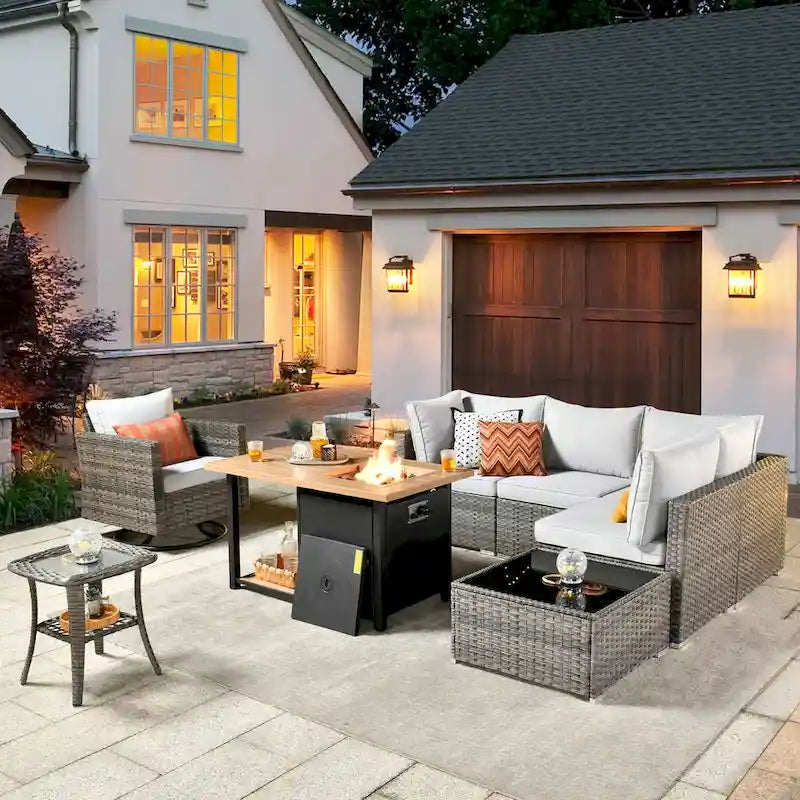 XIZZI Salon de jardin d'extérieur sectionnel 8 pièces avec table brasero