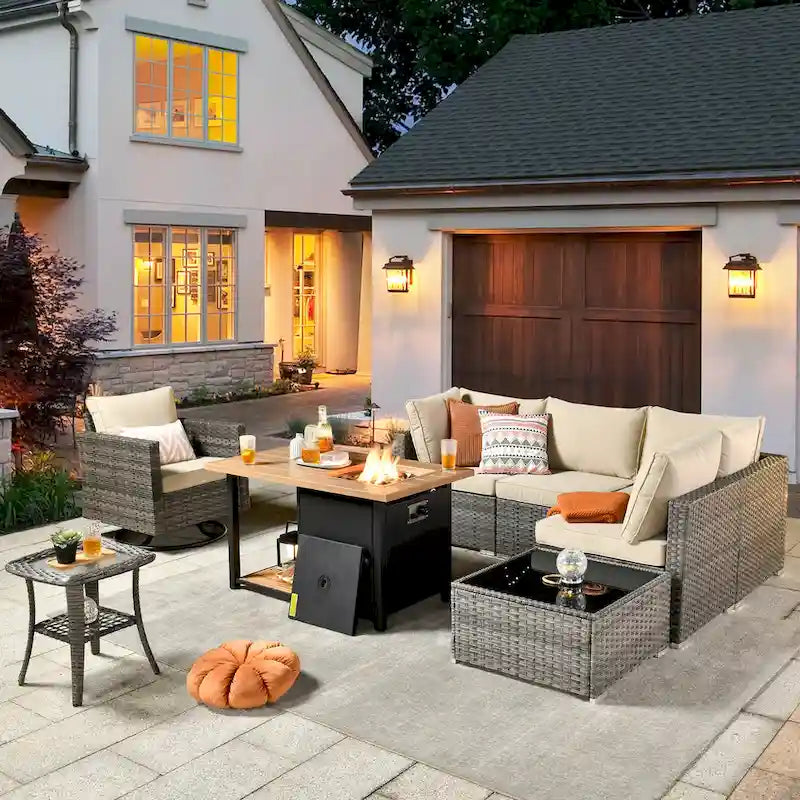 XIZZI Salon de jardin d'extérieur sectionnel 8 pièces avec table brasero