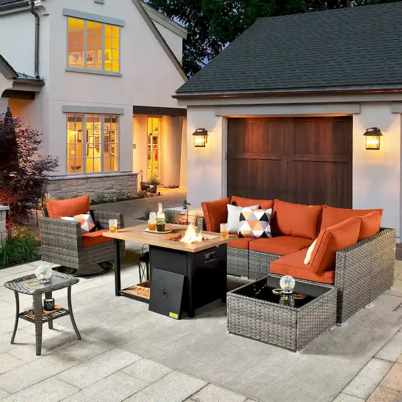 XIZZI Salon de jardin d'extérieur sectionnel 8 pièces avec table brasero