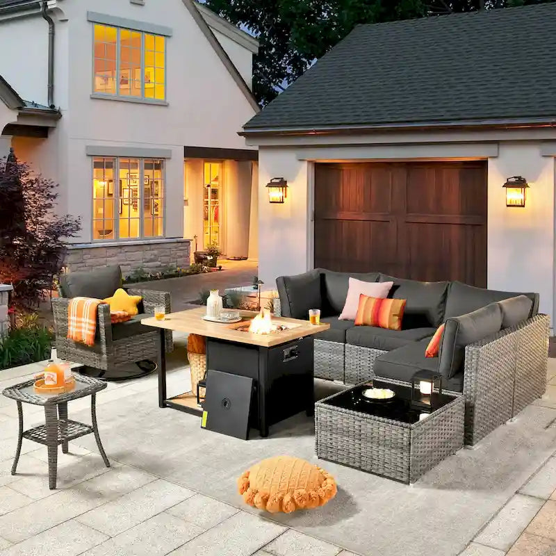 XIZZI Salon de jardin d'extérieur sectionnel 8 pièces avec table brasero