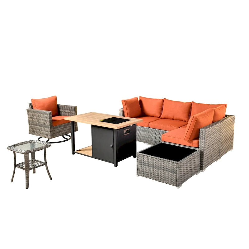 XIZZI Salon de jardin d'extérieur sectionnel 8 pièces avec table brasero