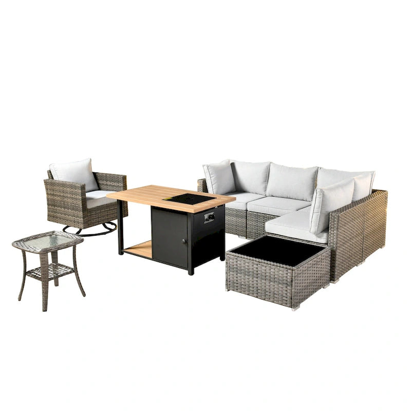 XIZZI Salon de jardin d'extérieur sectionnel 8 pièces avec table brasero