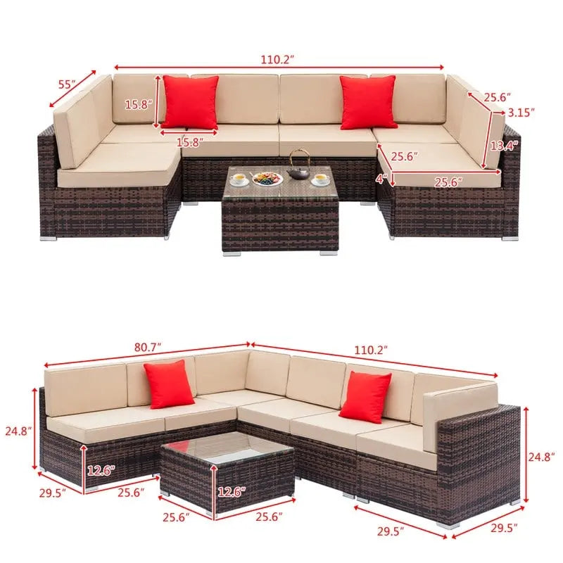 Ensemble de conversation d'extérieur Karlhome 7 pièces avec canapé modulable en osier