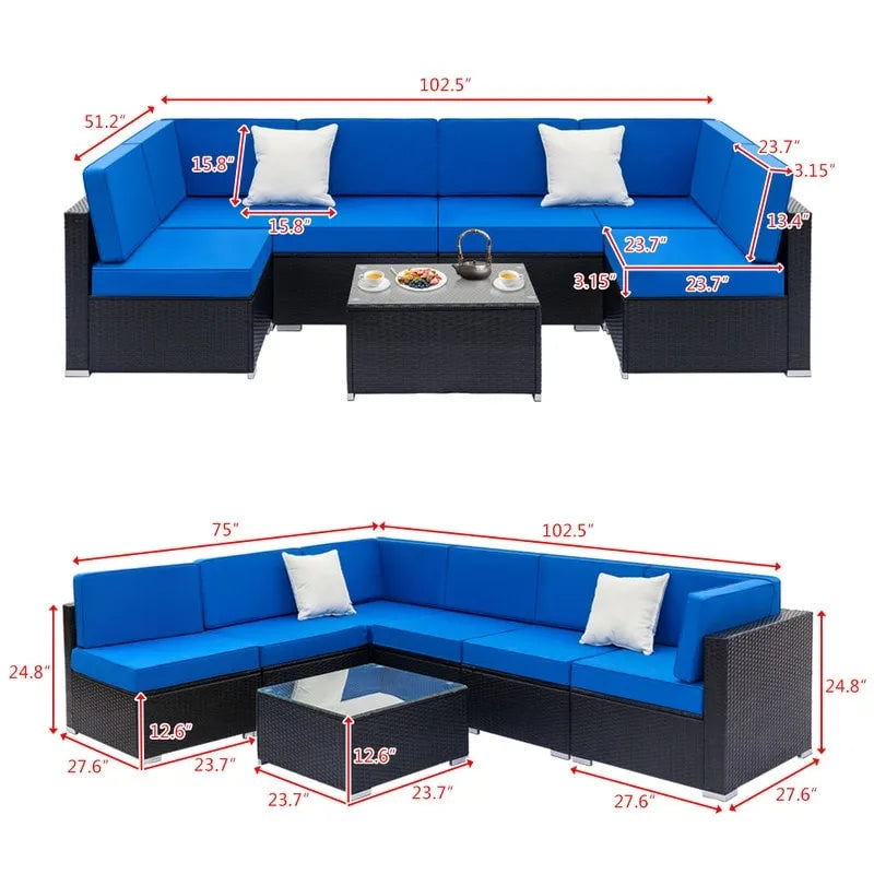 Ensemble de conversation d'extérieur Karlhome 7 pièces avec canapé modulable en osier