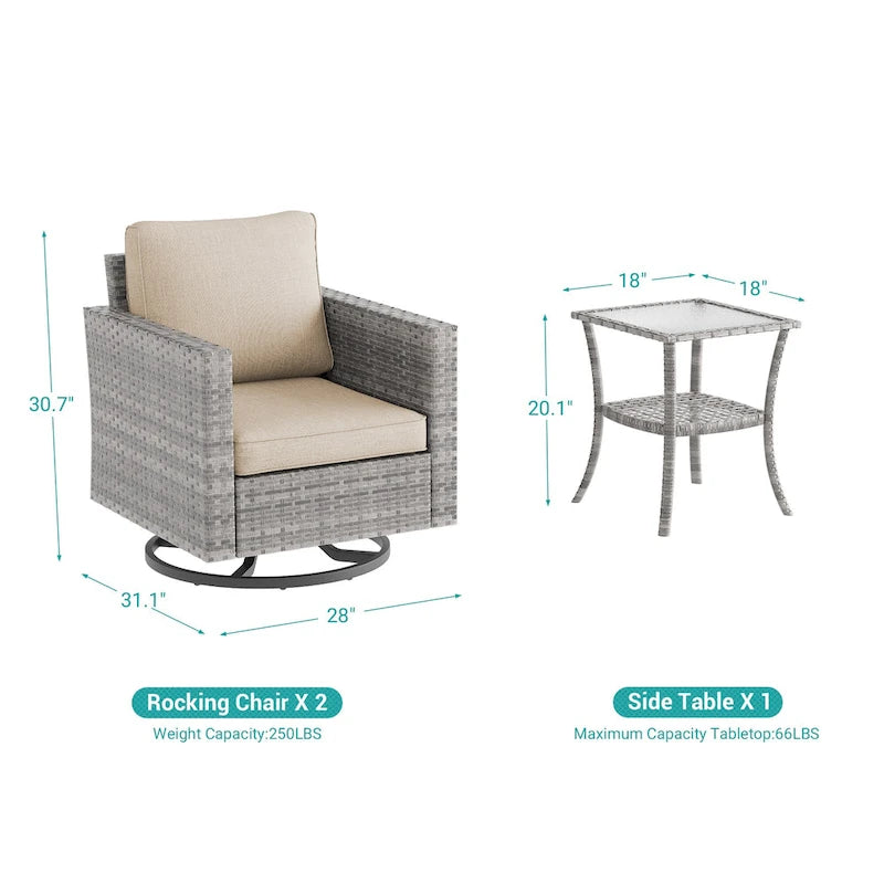 BONOSUKI Ensemble de canapé de jardin pivotant 3 pièces marron-gris avec table en verre