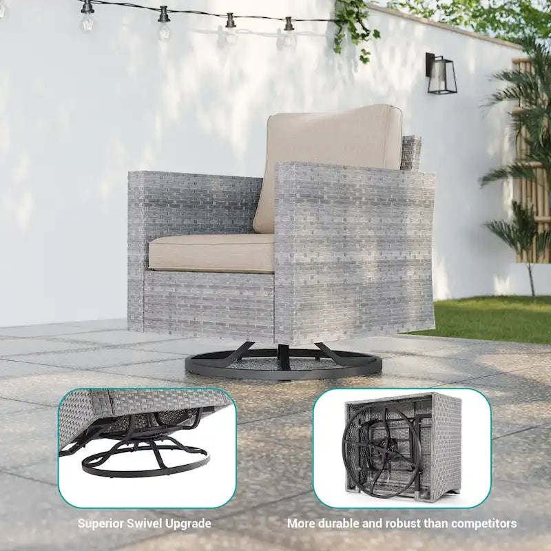 BONOSUKI Ensemble de canapé de jardin pivotant 3 pièces marron-gris avec table en verre