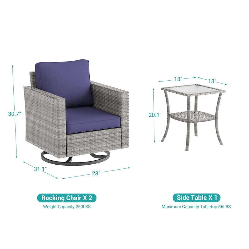 BONOSUKI Ensemble de canapé de jardin pivotant 3 pièces marron-gris avec table en verre