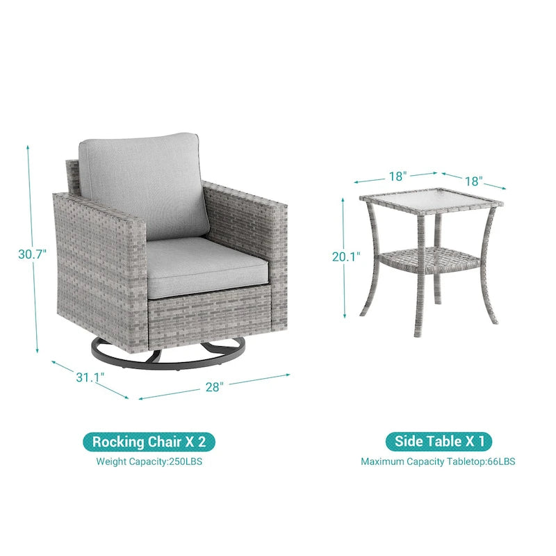 BONOSUKI Ensemble de canapé de jardin pivotant 3 pièces marron-gris avec table en verre