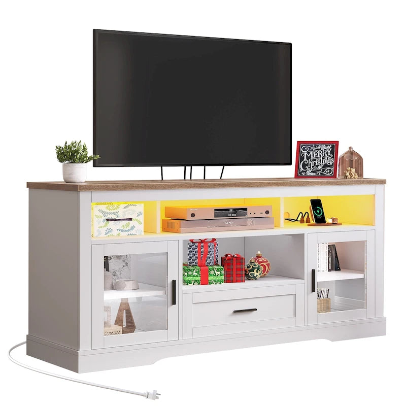 Meuble TV de ferme Moasis LED pour téléviseur jusqu'à 65 pouces, centre de divertissement Highboy avec portes en acrylique