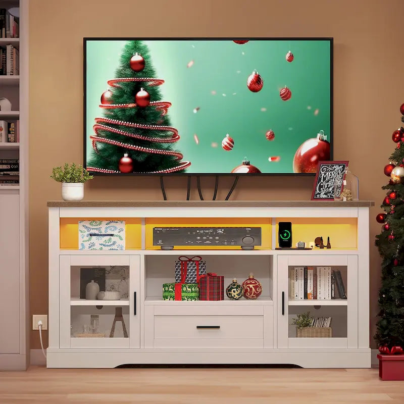 Meuble TV de ferme Moasis LED pour téléviseur jusqu'à 65 pouces, centre de divertissement Highboy avec portes en acrylique