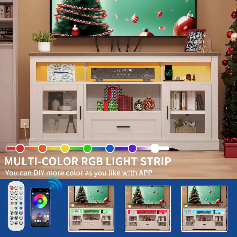 Meuble TV de ferme Moasis LED pour téléviseur jusqu'à 65 pouces, centre de divertissement Highboy avec portes en acrylique