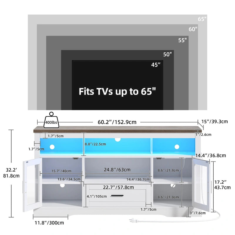 Meuble TV de ferme Moasis LED pour téléviseur jusqu'à 65 pouces, centre de divertissement Highboy avec portes en acrylique