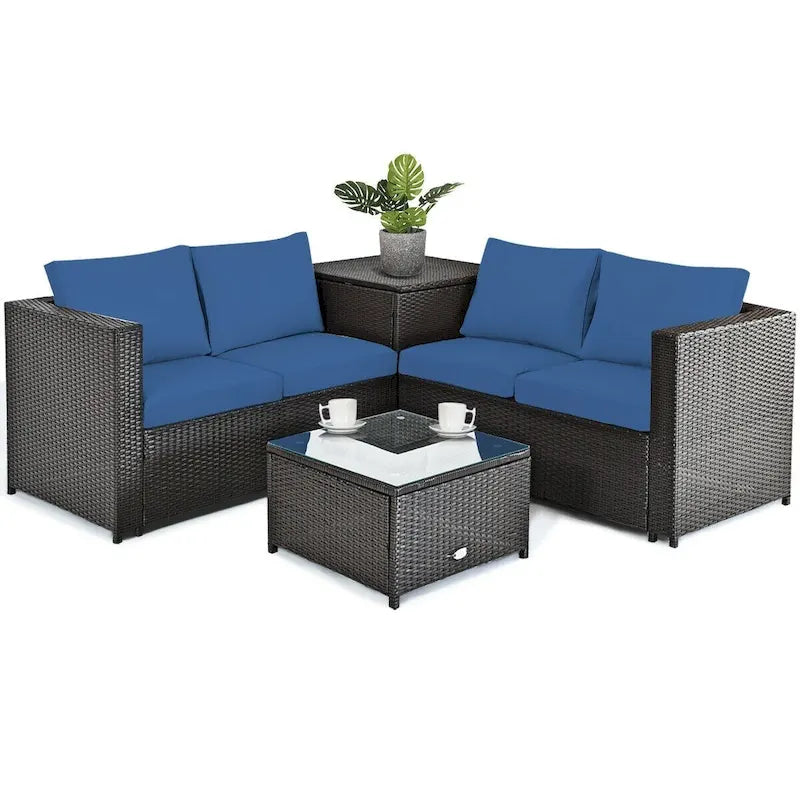 Ensemble de 4 meubles de patio en rotin d'extérieur avec causeuse coussinée et coffre de rangement