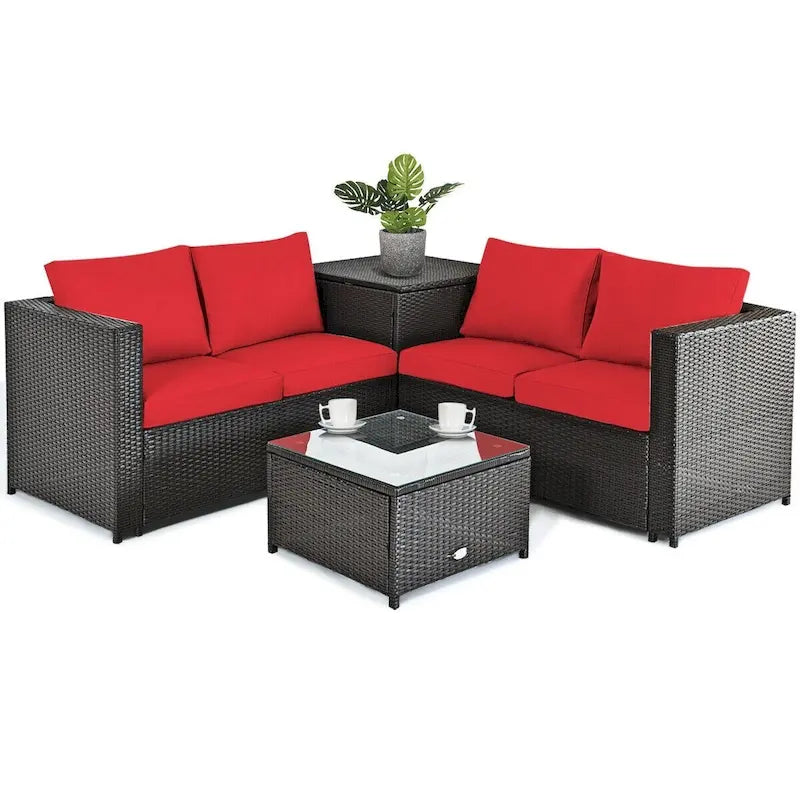 Ensemble de 4 meubles de patio en rotin d'extérieur avec causeuse coussinée et coffre de rangement