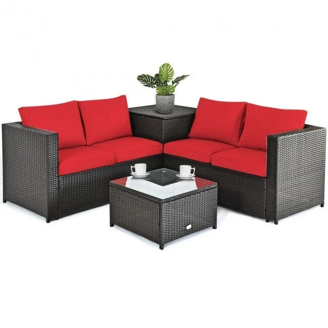 Ensemble de 4 meubles de patio en rotin d'extérieur avec causeuse coussinée et coffre de rangement