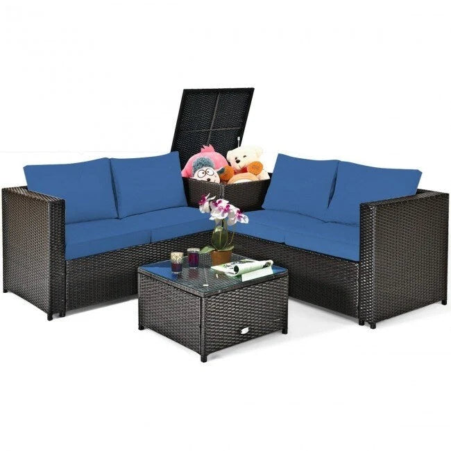 Ensemble de 4 meubles de patio en rotin d'extérieur avec causeuse coussinée et coffre de rangement