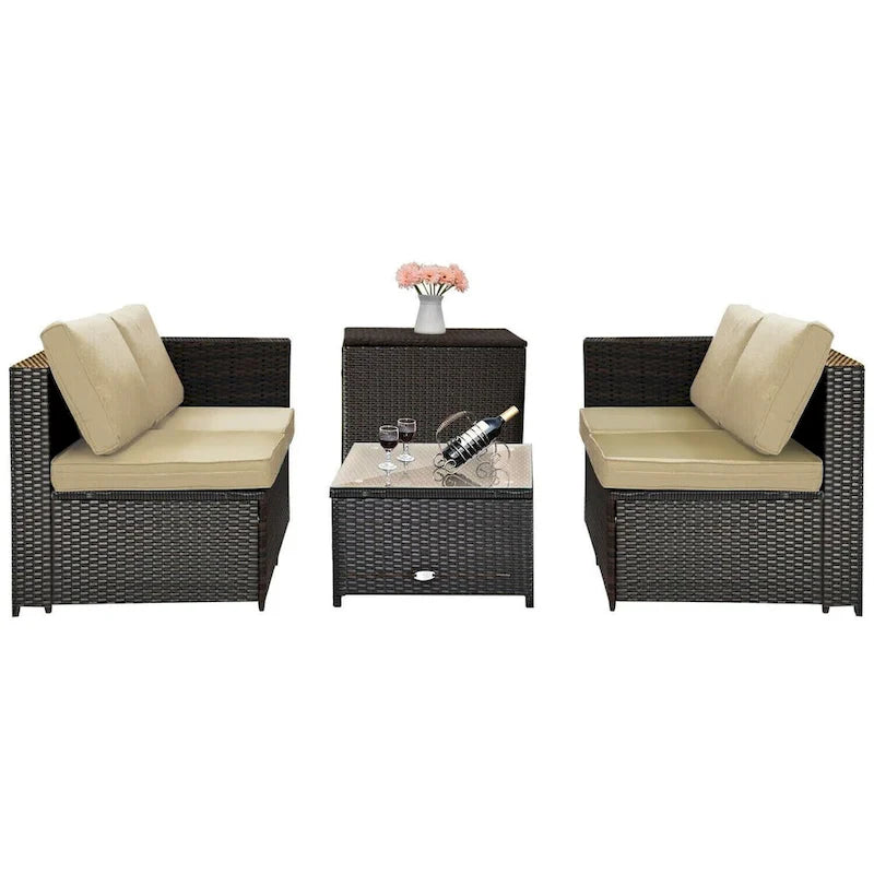 Ensemble de 4 meubles de patio en rotin d'extérieur avec causeuse coussinée et coffre de rangement