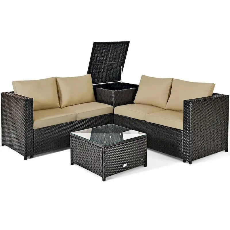 Ensemble de 4 meubles de patio en rotin d'extérieur avec causeuse coussinée et coffre de rangement