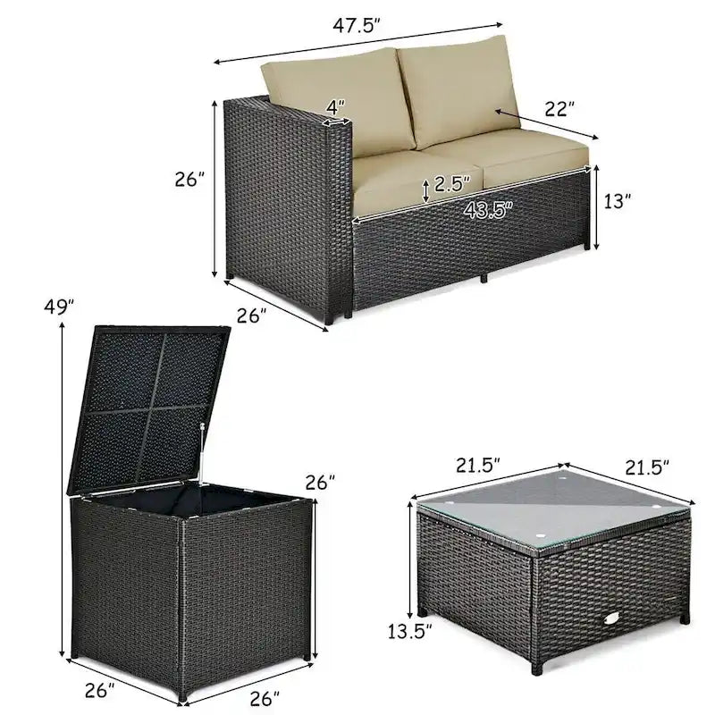 Ensemble de 4 meubles de patio en rotin d'extérieur avec causeuse coussinée et coffre de rangement