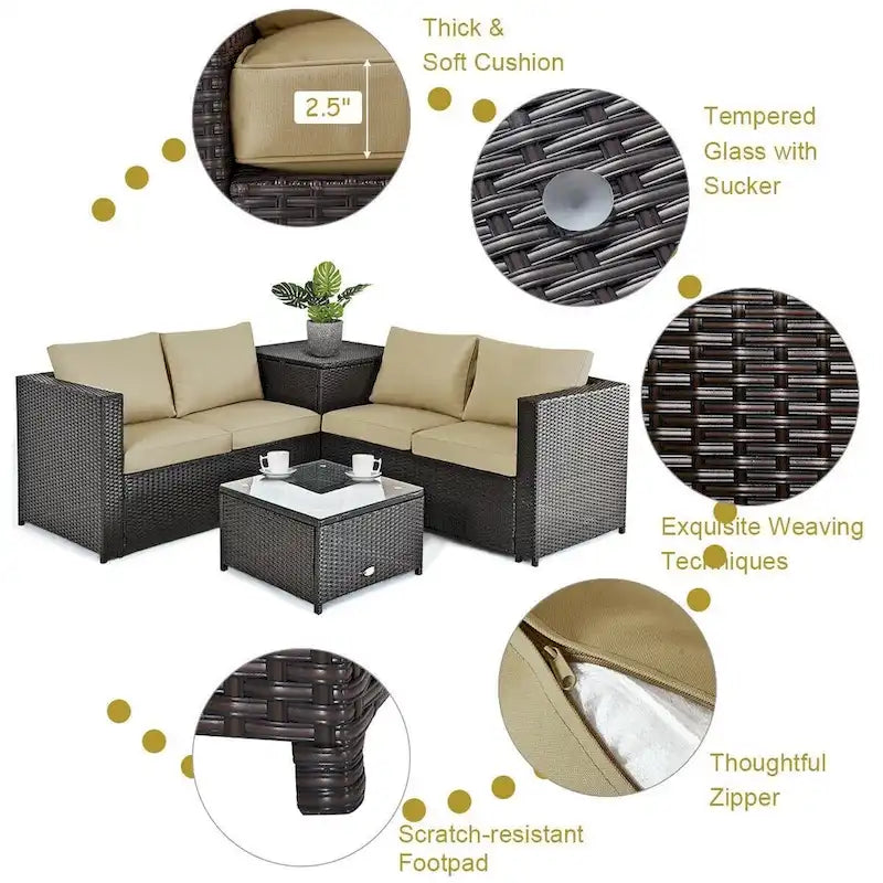 Ensemble de 4 meubles de patio en rotin d'extérieur avec causeuse coussinée et coffre de rangement