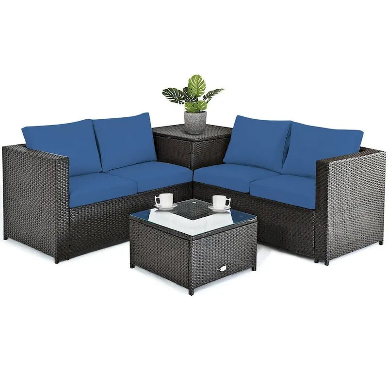Ensemble de 4 meubles de patio en rotin d'extérieur avec causeuse coussinée et coffre de rangement