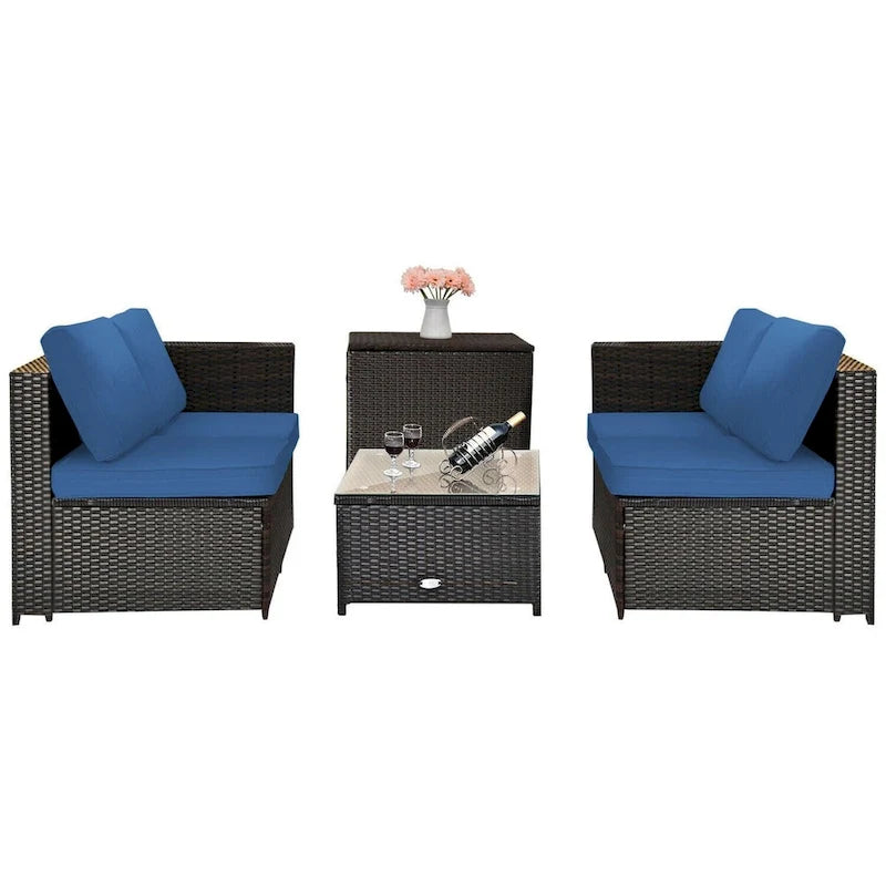 Ensemble de 4 meubles de patio en rotin d'extérieur avec causeuse coussinée et coffre de rangement