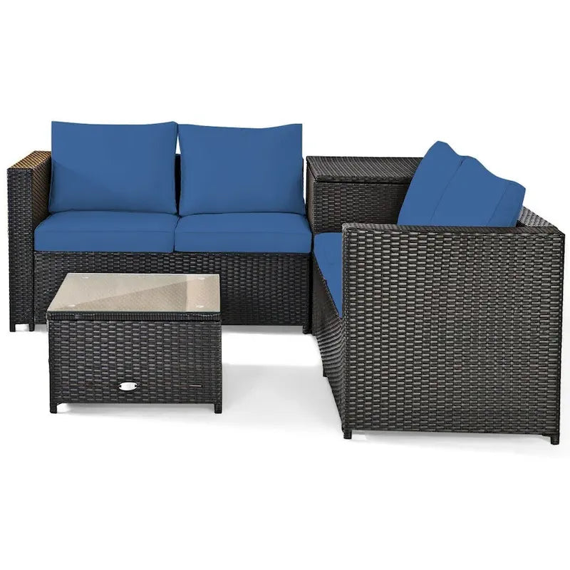 Ensemble de 4 meubles de patio en rotin d'extérieur avec causeuse coussinée et coffre de rangement
