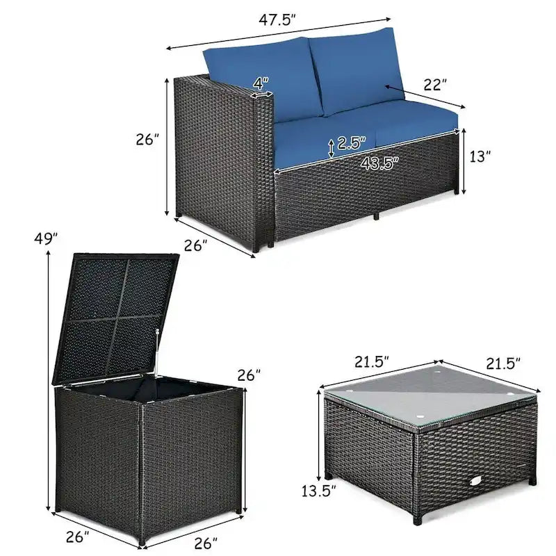 Ensemble de 4 meubles de patio en rotin d'extérieur avec causeuse coussinée et coffre de rangement