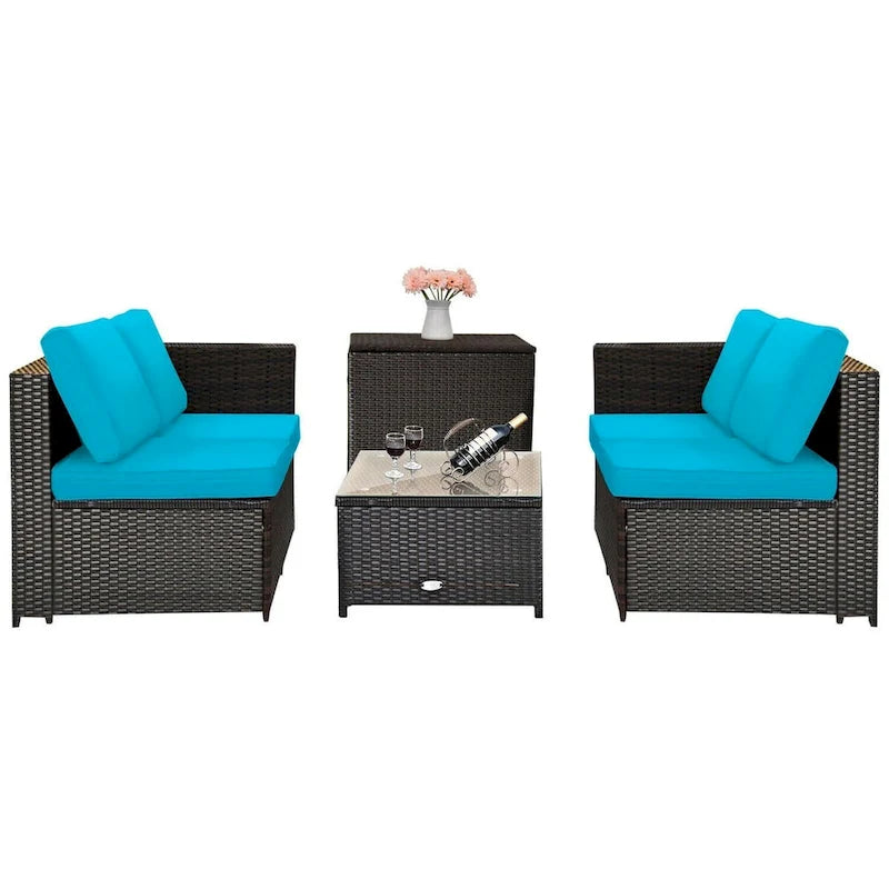 Ensemble de 4 meubles de patio en rotin d'extérieur avec causeuse coussinée et coffre de rangement