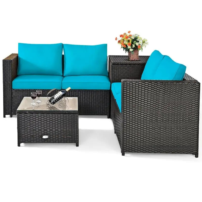 Ensemble de 4 meubles de patio en rotin d'extérieur avec causeuse coussinée et coffre de rangement