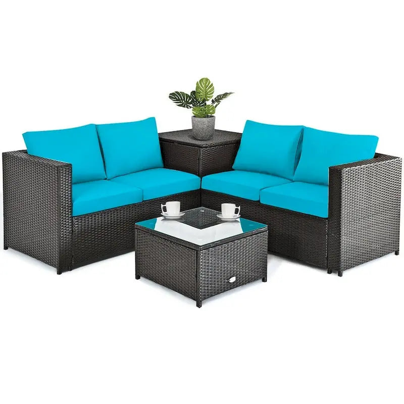 Ensemble de 4 meubles de patio en rotin d'extérieur avec causeuse coussinée et coffre de rangement